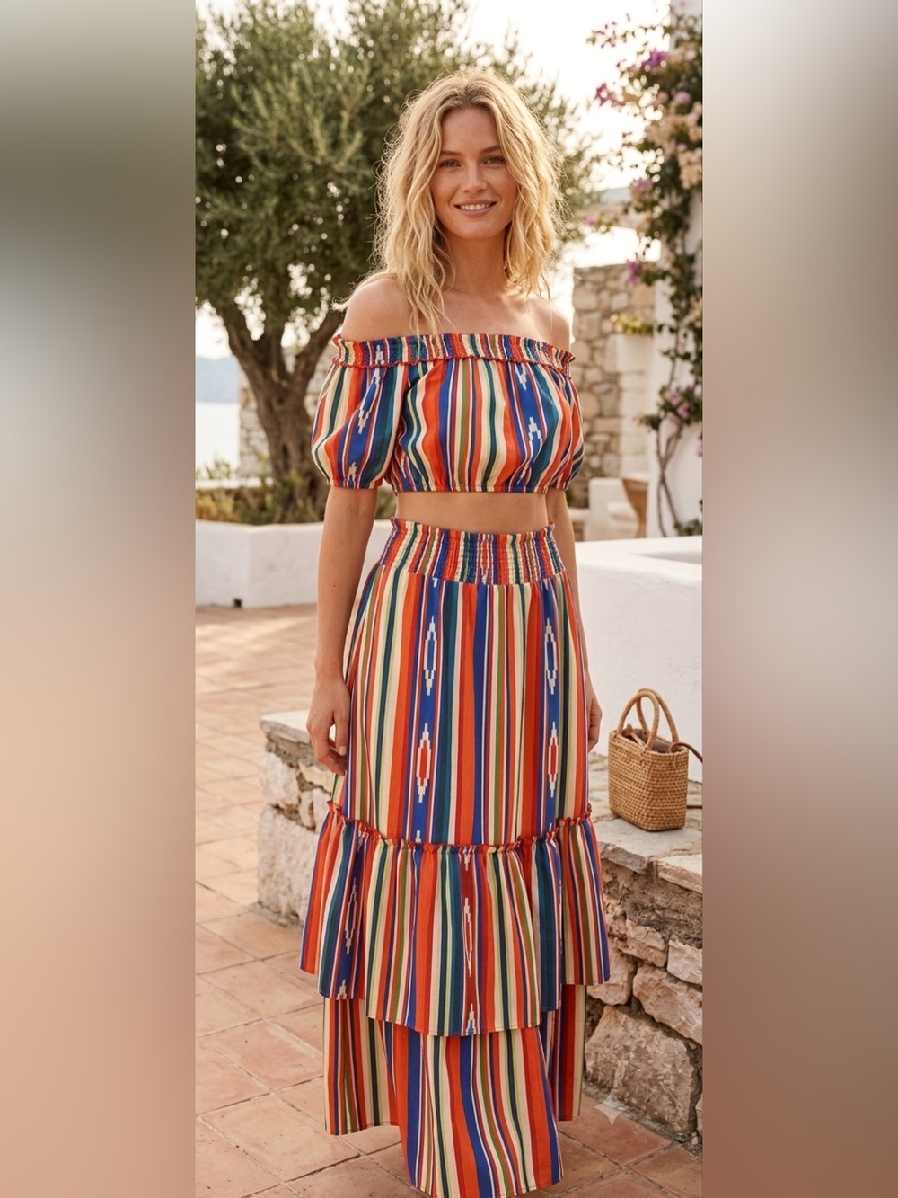 L'ATISTE Multicolor Striped Off-Shoulder Maxi Skirt Set